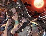  1girl animal_ear_fluff animal_ears bare_shoulders black_hair brooch commentary_request dress fingernails full_moon hair_over_one_eye hand_up head_tilt imaizumi_kagerou jewelry long_hair looking_at_viewer moon nail_polish night night_sky off-shoulder_dress off_shoulder red_eyes red_nails red_sky satoupote sharp_fingernails sky smile solo touhou upper_body white_dress wolf_ears 