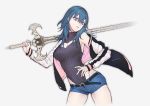  1girl alternate_costume belt blue_eyes blue_hair byleth_(fire_emblem) byleth_eisner_(female) clovisxvii fire_emblem fire_emblem:_three_houses highres holding holding_sword holding_weapon jacket long_sleeves medium_hair parted_lips short_shorts shorts simple_background solo sword weapon white_background 