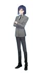 1boy absurdres black_footwear black_neckwear black_pants crossed_arms digimon full_body highres kingzhizhu long_sleeves looking_at_viewer male_focus necktie older pants shoes simple_background solo standing white_background 