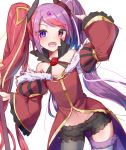  1girl :d arm_up asymmetrical_clothes bare_shoulders cowboy_shot frills hair_ornament hairclip heterochromia juliet_sleeves long_hair long_sleeves looking_at_viewer multicolored_hair navel off-shoulder_shirt off_shoulder open_mouth princess_connect! princess_connect!_re:dive puffy_sleeves purple_hair red_eyes red_shirt redhead shirt simple_background single_pantsleg single_thighhigh smile solo standing stomach tailcoat tamaizumi_misaki tenrai thigh-highs twintails two-tone_hair very_long_hair violet_eyes white_background wide_sleeves 