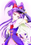  1girl ascot bangs black_bow blunt_bangs bow cape cure_magical elbow_gloves floating_hair gloves hair_bow head_tilt jacket long_hair mahou_girls_precure! miniskirt parted_lips pink_bow pink_skirt precure purple_gloves purple_hair purple_jacket red_bow red_eyes red_neckwear shiny shiny_hair skirt sleeveless sleeveless_jacket solo standing tomo5656ky very_long_hair white_background white_cape 