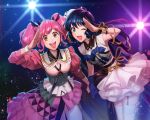  2girls ;d blue_eyes blue_hair brown_eyes floating_hair garter_straps holding_hands layered_skirt long_hair long_sleeves looking_at_viewer lynn_minmay macross macross:_do_you_remember_love? macross_delta makina_nakajima miniskirt mosako multiple_girls one_eye_closed open_mouth pink_hair ribbon salute shiny shiny_hair skirt smile thigh-highs twintails very_long_hair white_legwear white_skirt wrist_cuffs yellow_ribbon 