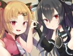  2girls :d akatsuki_yuni bangs bare_arms bare_shoulders black_dress black_gloves black_hair blonde_hair blush choujigen_game_neptune_mk2 closed_mouth commentary_request crossover dress elbow_gloves eyebrows_visible_through_hair fang fingerless_gloves gloves hair_between_eyes hair_ornament hairclip hand_up highres holding_hands interlocked_fingers long_hair multiple_girls neptune_(series) open_mouth parted_bangs red_eyes red_shirt shirt sleeveless sleeveless_dress sleeveless_shirt smile sweat templus two_side_up uni_(neptune_series) uni_channel virtual_youtuber zipper_pull_tab 