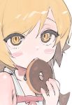  1girl bangs bare_shoulders blonde_hair blush_stickers close-up dot_nose doughnut expressionless eyes_visible_through_hair face food food_in_mouth from_side hand_up hands holding holding_food long_hair looking_at_viewer monogatari_(series) nisemonogatari oshino_shinobu parted_lips portrait simple_background sketch sleeveless slit_pupils solo swept_bangs tsurime uomi_(eqtjc) white_background yellow_eyes 