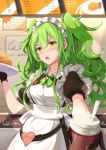  1girl absurdres alternate_costume apron blush character_name cheese chinese_commentary commentary_request cup disposable_cup drinking_straw fast_food food girls_frontline gloves green_hair hamburger highres m950a_(girls_frontline) maid maid_apron maid_headdress menu restaurant solo tray twintails waitress yellow_eyes youmi_kong_xiang 