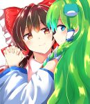  2girls blue_eyes blush bow brown_hair commentary_request detached_sleeves eyebrows_visible_through_hair frog_hair_ornament green_hair hair_between_eyes hair_bow hair_ornament hair_tubes hakurei_reimu highres holding_hands interlocked_fingers kochiya_sanae long_hair looking_at_viewer looking_back mokutan_(link_machine) multiple_girls ponytail red_eyes shiny shiny_hair sideways_glance simple_background smile snake_hair_ornament touhou upper_body very_long_hair white_background yuri 