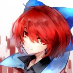 1girl absurdres black_shirt blue_bow bow collared_shirt grin hair_bow highres looking_at_viewer neck_scar portrait red_eyes redhead safutsuguon sekibanki shirt short_hair smile solo touhou 
