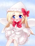  1girl arms_behind_back blonde_hair blue_eyes blue_sky blush bow bowtie capelet chibi clouds commentary eyebrows_visible_through_hair fairy_wings hair_between_eyes hat leaning_forward lily_white long_hair open_mouth red_bow red_neckwear shirt skirt sky sleeves_past_fingers sleeves_past_wrists solo symbol_commentary touhou very_long_hair white_headwear white_shirt white_skirt wings yairenko 