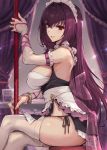  1girl apron armlet bangle bracelet breasts crossed_legs fate/grand_order fate_(series) frilled_legwear from_side gae_bolg haoni jewelry large_breasts long_hair maid_apron maid_headdress panties polearm purple_hair red_eyes scathach_(fate)_(all) scathach_(fate/grand_order) side-tie_panties sitting solo spear underwear weapon 