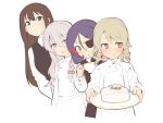  4girls :o ahoge bangs black_vest blue_eyes blush bow braid brown_eyes brown_hair cake chef_uniform collared_shirt cropped_torso cup eyebrows_visible_through_hair eyepatch food grey_eyes grey_hair hair_between_eyes hair_bow hayasaka_mirei holding holding_cup holding_plate hoshi_shouko idolmaster idolmaster_cinderella_girls long_hair morikubo_nono multicolored_hair multiple_girls parted_lips pink_bow plate purple_hair redhead shibuya_rin shirt simple_background streaked_hair ushi very_long_hair vest white_background white_shirt 