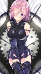  1girl arms_behind_back bare_arms bdsm black_bodysuit blush bodysuit bondage bound breasts chain elbow_gloves eyebrows_visible_through_hair fate/grand_order fate_(series) gloves hair_over_one_eye highres kobayashi_chisato looking_at_viewer mash_kyrielight medium_breasts on_bed pink_hair shibari shibari_over_clothes shield shiny shiny_hair short_hair solo thigh-highs tied_up violet_eyes 