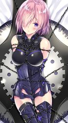  1girl arms_behind_back bare_arms bdsm black_bodysuit blush bodysuit bondage bound breasts chain elbow_gloves eyebrows_visible_through_hair fate/grand_order fate_(series) gloves hair_over_one_eye highres kobayashi_chisato looking_at_viewer mash_kyrielight medium_breasts on_bed pink_hair shibari shibari_over_clothes shield shiny shiny_hair short_hair solo thigh-highs tied_up violet_eyes 