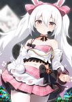  1girl animal_ears azur_lane bangs bare_shoulders black_bow blush bow commentary_request eyebrows_visible_through_hair flat_chest from_below hair_between_eyes hairband heart highres laffey_(azur_lane) long_hair long_sleeves looking_at_viewer navel pantyhose pink_skirt pleated_skirt quiet rabbit_ears red_eyes silver_hair skirt solo twintails white_legwear 