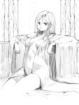  1girl breasts closed_mouth collarbone frown hair_between_eyes highres kkaebing long_hair long_sleeves medium_breasts mole mole_under_mouth monochrome navel no_nose onsen open_clothes original sitting solo steam wide_sleeves 