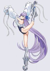  1girl ballet blue_eyes choker fate/grand_order fate_(series) grey_background hair_ribbon highres leg_up long_hair meltryllis meltryllis_(swimsuit_lancer)_(fate) michihasu purple_hair ribbon sleeves_past_fingers sleeves_past_wrists smile split standing standing_on_one_leg standing_split very_long_hair 