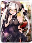  1girl absurdres blush chinese_commentary christmas christmas_tree commentary_request destroyer_(girls_frontline) gift girls_frontline gloves hair_twirling highres sangvis_ferri solo twintails white_hair yellow_eyes 