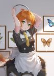  1girl absurdres alternate_costume apron arms_up autumn_leaves blush bug butterfly cowboy_shot dishiren dress enmaided frilled_dress frills green_eyes highres hoshizora_rin insect leaf light_smile looking_at_viewer love_live! love_live!_school_idol_project maid maid_apron maid_headdress necktie orange_hair short_hair smile solo yellow_neckwear 