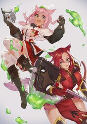  2girls :d absurdres animal_ears axe bangs black_legwear blue_eyes book braid breasts brown_footwear brown_gloves brown_hair capelet cat_ears cat_tail choker commission crying crying_with_eyes_open dissolving_clothes fantasy gloves green_eyes grey_background heterochromia highres holding holding_axe long_hair medium_breasts moco1031 multiple_girls ooze open_mouth original pink_hair red_choker scar simple_background smile tabard tail tears thigh-highs whisker_markings white_capelet white_legwear yellow_eyes 