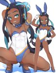  1girl animal_ears arm_up arms_behind_head arms_up bare_legs black_hair blue_eyes blue_footwear blue_hair blue_neckwear blush bow bowtie breasts bunny_girl bunnysuit collar colored_shadow dark_skin detached_collar forehead garoudo_(kadouhan&#039;i) gloves hand_on_hip high_heels leotard long_hair multicolored_hair multiple_views parted_lips pokemon pokemon_(game) pokemon_swsh rabbit_ears rurina_(pokemon) shadow shoes small_breasts spread_legs squatting standing strapless strapless_leotard two-tone_hair very_long_hair white_background white_collar white_gloves white_leotard wing_collar 