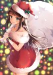  1girl absurdres bag bangs bare_shoulders bell black_hair blunt_bangs blurry blurry_background blush bow christmas christmas_lights collarbone dress gift_bag gloves green_bow green_eyes hair_ornament hairclip hat highres kurosawa_dia long_hair looking_at_viewer love_live! love_live!_sunshine!! mole mole_under_mouth off_shoulder red_dress santa_costume santa_hat sin_(sin52y) smile snow solo white_gloves 