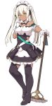  1girl black_legwear boots breasts broom eyebrows_visible_through_hair frills frown full_body gloves grey_hair hair_between_eyes holding large_breasts long_hair maid maid_dress maid_headdress marianne_(world_flipper) shiseki_hirame simple_background solo thigh-highs thigh_boots twintails white_background white_gloves world_flipper 