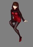  1girl absurdres aozaki_aoko arm_support black_legwear black_sweater blue_eyes brown_hair cqqz0707 dress grey_background highres invisible_chair long_hair looking_at_viewer mahou_tsukai_no_yoru pantyhose red_dress red_footwear sitting smile solo sweater 