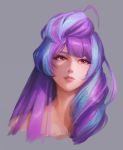  1girl blue_hair cropped_torso grey_background highres long_hair looking_afar macross macross_delta mikumo_guynemer mosako multicolored_hair parted_lips portrait purple_hair red_eyes simple_background solo tied_hair two-tone_hair very_long_hair 