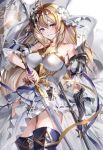  1girl armor armored_dress bangs bare_shoulders belt blonde_hair blue_eyes blush boots breasts diadem dress flag flower gauntlets granblue_fantasy grin hair_between_eyes hair_flower hair_intakes hair_ornament halterneck highres hinahino jeanne_d&#039;arc_(granblue_fantasy) large_breasts lily_(flower) long_hair looking_at_viewer smile solo sword thigh-highs thigh_boots weapon white_background white_dress white_flower 