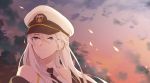  azur_lane black_coat black_neckwear clouds coat dusk enterprise_(azur_lane) grey_hair hat highres military_hat open_clothes open_coat peaked_cap sad shirt sky sleeveless sleeveless_shirt smile sunset suprii tears upper_body violet_eyes 