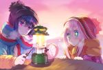  +_+ 2girls beanie blue_eyes blue_hair carnelian day hat kagamihara_nadeshiko lamp multiple_girls orange_scarf outdoors pink_eyes pink_hair scarf shima_rin striped striped_scarf symbol-shaped_pupils winter_clothes yurucamp 