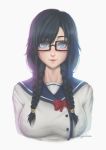  1girl absurdres black-framed_eyewear black_hair blue_eyes bow braid breasts hair_ornament hairclip highres long_hair looking_at_viewer ore_wo_suki_nano_wa_omae_dake_ka_yo portrait red_bow ryumikooo sanshokuin_sumireko school_uniform simple_background solo twin_braids twitter_username white_background 