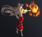  1044460315 1girl bangs barefoot black_background bow fire fujiwara_no_mokou hair_bow hand_up long_hair long_sleeves looking_at_viewer ofuda_on_clothes pants red_eyes ribbon shirt sidelocks silver_hair simple_background solo suspenders torn_clothes torn_sleeves touhou very_long_hair white_hair white_shirt 