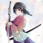  1girl black_eyes black_hair blue_hakama blue_sky cherry_blossoms clouds cloudy_sky commentary day eyebrows_visible_through_hair floral_print flower green_nails hair_flower hair_ornament hakama highres holding holding_sword holding_weapon japanese_clothes katana kimono long_sleeves looking_at_viewer medium_hair nail_polish original pale_skin parted_lips pink_flower print_kimono scabbard sheath sky solo standing sword weapon wind yurikuta_tsukumi 