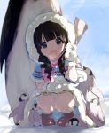  1girl :d animal artist_request backlighting bangs bird black_eyes black_hair blue_dress blue_sky blunt_bangs blush boots breath brown_footwear day dot_nose dress emperor_penguin frills fur-trimmed_boots fur-trimmed_dress fur-trimmed_hood fur-trimmed_sleeves fur_trim hand_up hood hood_up idolmaster idolmaster_cinderella_girls long_hair looking_at_viewer looking_up low_twintails mittens nose_blush open_mouth outdoors penguin pink_scarf pom_pom_(clothes) scarf short_sleeves sky smile snow solo squatting tareme twintails ujiie_mutsumi v white_mittens winter_clothes 