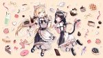  2girls :d ahoge animal_ear_fluff animal_ears apron bangs black_bow black_footwear black_hair black_skirt blonde_hair bow brown_background cake cat_ears cat_girl cat_tail center_frills commentary commission cup doughnut drink drinking_glass drinking_straw eyebrows_visible_through_hair food frilled_apron frills fruit hands_up highres holding holding_tray long_hair low_twintails maid mechuragi multiple_girls open_mouth original outline pink_bow plate puffy_short_sleeves puffy_sleeves red_eyes saucer shirt shoe_soles shoes short_sleeves skirt smile spoon strawberry swiss_roll tail tail_bow teacup teapot thigh-highs tray twintails very_long_hair waffle waist_apron white_apron white_legwear white_outline white_shirt yellow_eyes 