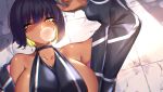  1girl bangs bare_shoulders black_hair blush bob_cut breasts bubble_blowing chewing_gum dark_skin large_breasts looking_at_viewer original short_hair solo spider_apple yellow_eyes 