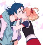  1boy 1girl blonde_hair blue_eyes blue_hair blush bow brown_hair closed_eyes couple french_kiss freyja_wion hair_between_eyes hair_bow hand_on_another&#039;s_cheek hand_on_another&#039;s_face hayate_immelmann hood hood_down hooded_cardigan jewelry kiss long_sleeves macross macross_delta mosako multicolored_hair necklace one_side_up red_bow red_skirt short_hair short_sleeves skirt two-tone_hair 