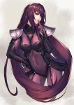  1girl bodysuit breasts covered_navel fate/grand_order fate_(series) fingers_to_mouth hair_intakes highres kikken large_breasts leotard long_hair purple_bodysuit purple_hair purple_leotard red_eyes scathach_(fate)_(all) scathach_(fate/grand_order) shoulder_armor smile 