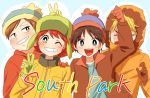  4boys beanie black_hair blonde_hair blue_eyes boots brown_hair eric_cartman fur_hat gloves green_eyes grin hat hood hoodie kenny_mccormick kyle_broflovski looking_at_viewer male_focus multiple_boys ohagi_(sigesatosin) one_eye_closed open_mouth parka short_hair smile south_park stan_marsh ushanka v 