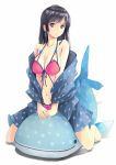 1girl bangs barefoot bikini bikini_under_clothes black_eyes black_hair blue_shirt blue_shorts breasts commentary earrings front-tie_bikini front-tie_top full_body highres inflatable_toy inflatable_whale jewelry jinbei_(clothes) kneeling large_breasts light_frown long_hair looking_at_viewer navel off_shoulder original parted_lips polka_dot red_background shirt shorts simple_background sitting solo straddling swimsuit v_arms white_background yurikuta_tsukumi 