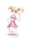  1girl adapted_costume barefoot blonde_hair casual_one-piece_swimsuit closed_mouth collarbone cosplay cure_peach cure_peach_(cosplay) eyebrows_visible_through_hair floating_hair fresh_precure! fresh_pretty_cure! full_body hair_between_eyes hair_ornament hair_scrunchie hand_on_hip index_finger_raised long_hair looking_at_viewer momozono_love one-piece_swimsuit one_knee pink_scrunchie precure pretty_cure red_eyes ribbon_trim scrunchie simple_background sketch sleeveless smile solo swimsuit twintails white_background 