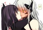  !? 2girls @_@ architect_(girls_frontline) arms_around_neck bangs black_hair blush closed_mouth full-face_blush gager_(girls_frontline) girls_frontline green_eyes headgear heart hinagi_(fox_priest) licking long_hair multiple_girls silver_hair simple_background tongue tongue_out white_background yuri 