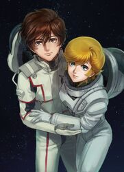  1boy 1girl audrey_burne banagher_links bangs blonde_hair bodysuit brown_eyes brown_hair closed_mouth green_eyes gundam gundam_unicorn helmet highres looking_at_viewer mosako parted_lips shiny shiny_hair short_hair sky smile star_(sky) starry_sky swept_bangs white_bodysuit 