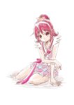  1girl adapted_costume aida_mana bangs barefoot bow collarbone cosplay cure_heart cure_heart_(cosplay) dokidoki!_precure eyebrows_visible_through_hair full_body hair_between_eyes hair_bow miniskirt niita one_side_up pink_bow pink_shirt pink_skirt precure red_eyes redhead shiny shiny_hair shirt short_hair simple_background sitting skirt sleeveless sleeveless_shirt solo white_background 