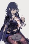  1girl black_hair blue_eyes breasts byleth_(fire_emblem) byleth_eisner_(female) cat cat_on_lap dagger fire_emblem fire_emblem:_three_houses jacket_on_shoulders large_breasts navel_cutout pantyhose sitting weapon 