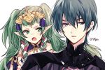  1boy 1girl blue_eyes blue_hair braid byleth_(fire_emblem) byleth_eisner_(male) fire_emblem fire_emblem:_three_houses green_eyes green_hair hair_ornament long_hair naho_(pi988y) open_mouth parted_lips pointy_ears short_hair simple_background sothis_(fire_emblem) tiara twin_braids twitter_username upper_body white_background 
