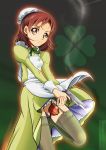  1girl apron artist_name brown_hair character_name character_request closed_mouth dokidoki!_precure garter_straps green_legwear green_neckwear green_shirt green_skirt gun holding holding_gun holding_weapon holster long_skirt long_sleeves looking_at_viewer maid precure shiny shiny_hair shirt short_hair skirt solo standing standing_on_one_leg thigh-highs thigh_holster tomo5656ky twitter_username weapon white_apron yellow_eyes 