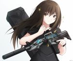  1girl assault_rifle bangs black_sailor_collar black_shirt brown_eyes brown_hair closed_mouth collarbone commentary eyebrows_visible_through_hair girls_frontline glowing gradient gradient_background grey_background gun hair_between_eyes hair_ornament hand_up highres holding holding_gun holding_weapon keenh long_hair m4_carbine m4a1_(girls_frontline) neckerchief object_namesake rifle sailor_collar shirt short_sleeves signature smile solo sparkle upper_body weapon white_background yellow_neckwear 