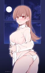  1girl ass blush breasts brown_eyes brown_hair clouds eyebrows_visible_through_hair hair_between_eyes jewelry kantai_collection large_breasts long_hair moon night night_sky ooi_(kantai_collection) open_mouth panties ring rui_shi_(rayze_ray) shirt sky smile star_(sky) starry_sky underwear wedding_band white_panties white_shirt window 