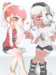  2girls anklet artist_name bangs barefoot black_footwear black_shorts blunt_bangs boots bracelet commentary domino_mask fang feeding food gym_shorts hair_bun half-closed_eyes headphones heart highres holding holding_food inaba_shounosuke inkling jewelry looking_at_another makeup mascara mask multiple_girls octarian octoling open_mouth pink_hair pocky pointy_ears print_shirt red_eyes shadow shirt short_hair short_shorts short_sleeves shorts sidelocks silver_hair sitting skin_fang sleeves_rolled_up smile splatoon_(series) splatoon_2 suction_cups t-shirt tan tanline tentacle_hair white_shirt yuri 